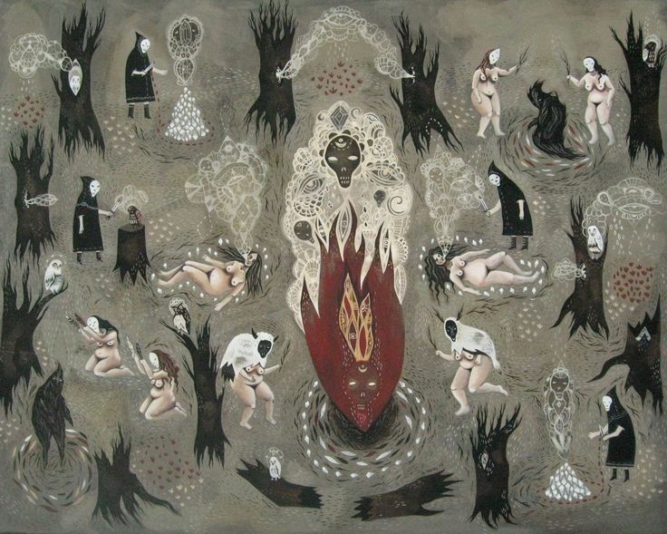 an artistic painting with people and animals in the water, surrounded by black silhouettes