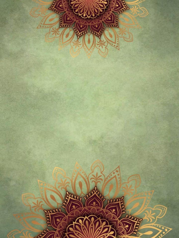 a green and gold background with an ornate design on the bottom right hand corner,