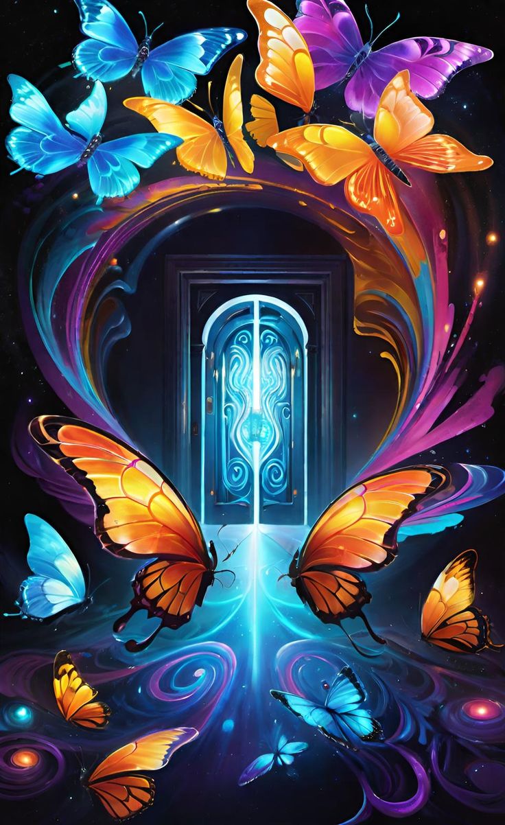 an open door with butterflies flying around it