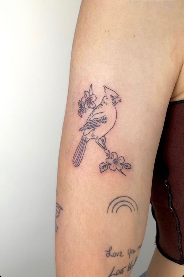 Cardinal on a branch with 2 flowers Cardinal Tattoo With Quote, Line Work Cardinal Tattoo, Small Cardinal Tattoo With Flowers, Flower Cardinal Tattoo, Daisy And Cardinal Tattoo, Cardinal On Flower Tattoo, Tattoo Ideas Female Cardinal, Fineline Cardinal Tattoo, Delicate Cardinal Tattoo