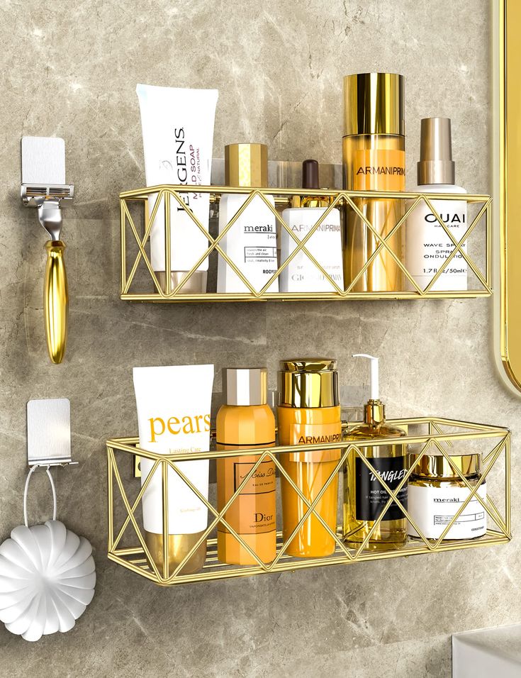 two gold shelfs with different types of skin care products