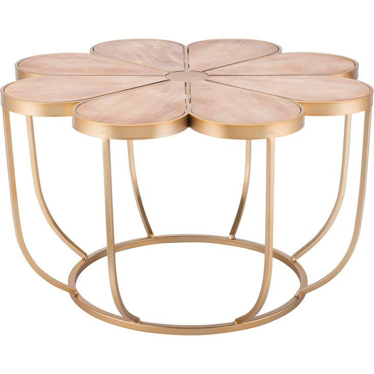 three round tables with gold metal bases and four flower shaped tops on each end table