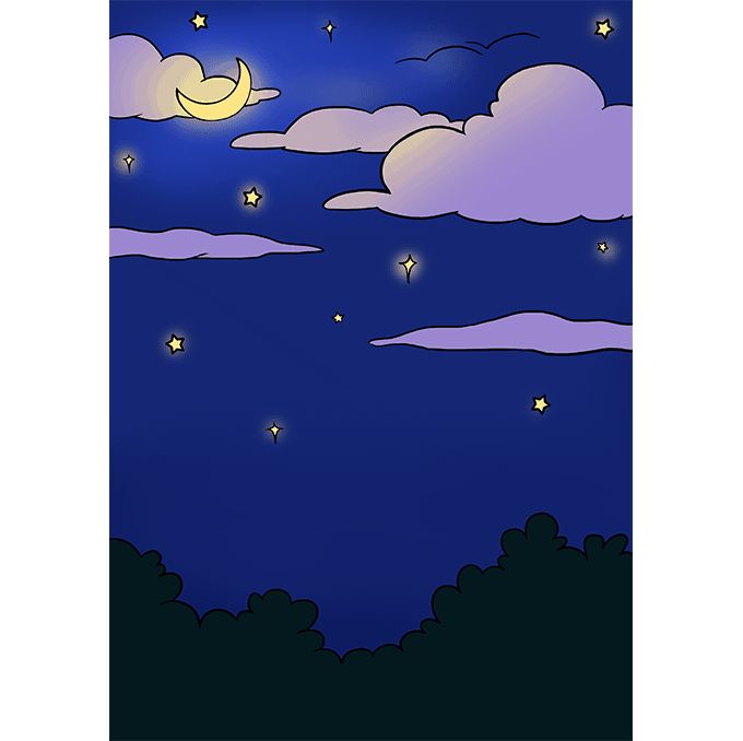 the night sky is full of stars and clouds, as well as some moon's