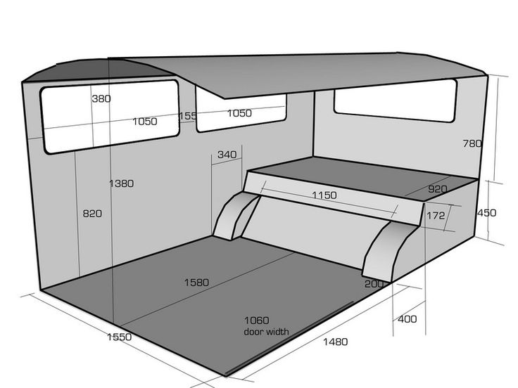 an image of the inside of a camper with its bed and storage compartment labeled