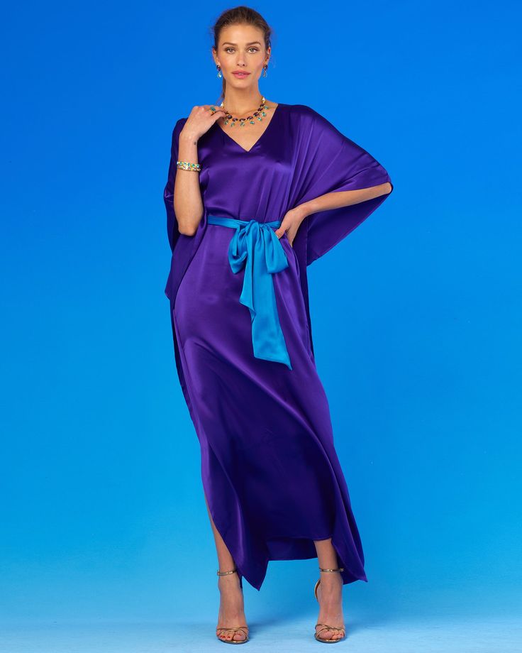 Alessandra Belted Silk Kaftan in Royal Purple-Front View Silk Maxi Kaftan For Evening, Silk Maxi Length Kaftan For Evening, Chic Long Evening Kaftan, Chic Long Kaftan For Evening, Purple Silk Evening Maxi Dress, Evening Purple Silk Maxi Dress, V-neck Purple Kaftan For Party, Elegant Purple Kaftan For Party, Elegant Purple Evening Kaftan