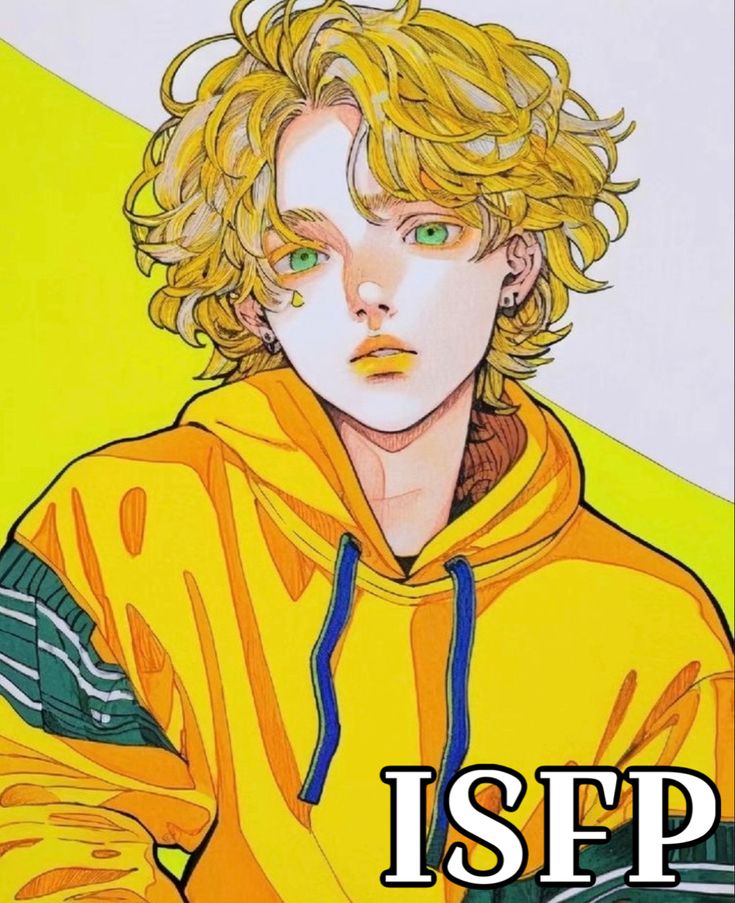 a drawing of a boy with blonde hair and green eyes wearing a yellow hoodie