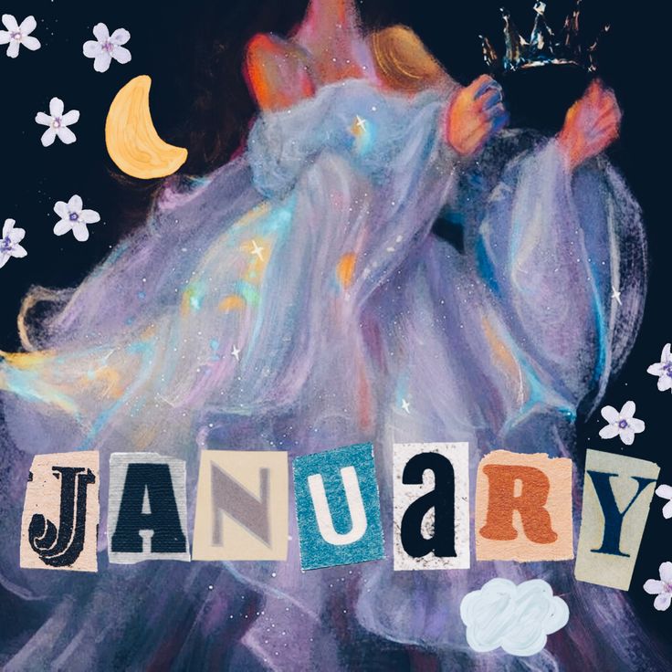 a painting of a woman in a dress with the word january spelled out