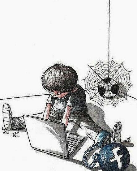 a drawing of a boy sitting in front of a laptop computer with a spider web hanging from the ceiling