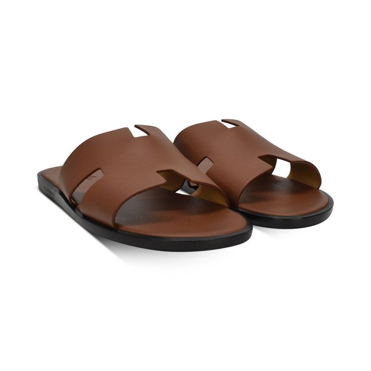 Hermes 'Oran' Sandals in brown leather with a black sole. Includes dust bag and box. Brand = Hermes Condition = 9/10, like new Size= 42.5 Material = Leather SKU = 17595-1 Hermes Sandals, Hermes Oran Sandals, Hermes Men, Tan Sandals, Mens Slides, Hermes Oran, Mens Luxury, Brown Sandals, Mens Sandals