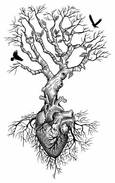 a drawing of a tree with roots and a heart