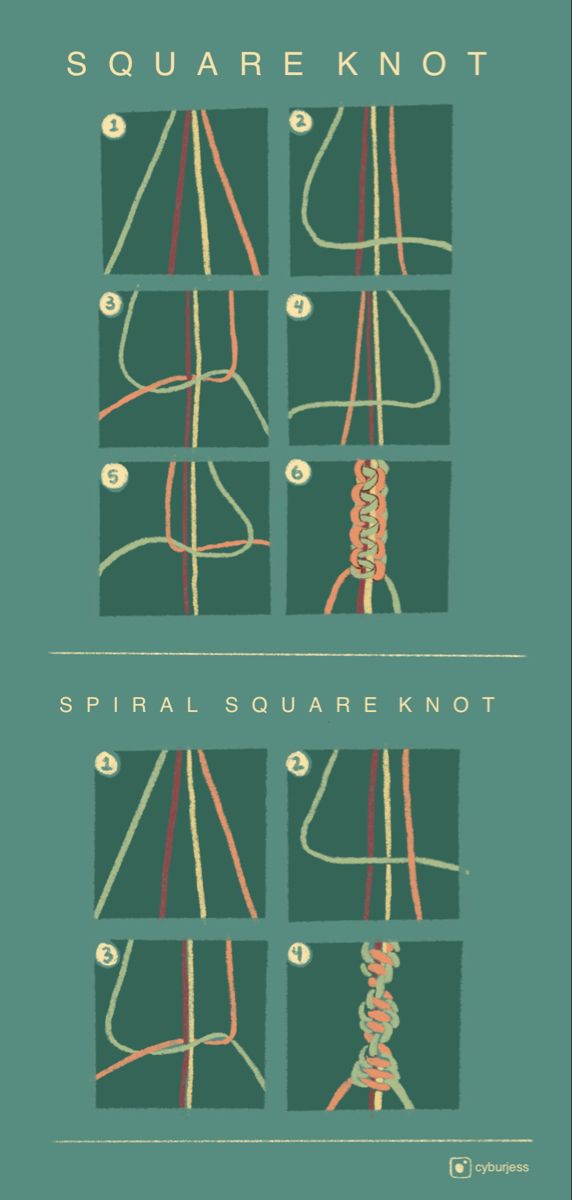 the instructions for how to tie a square knot in four different positions, including two rows and