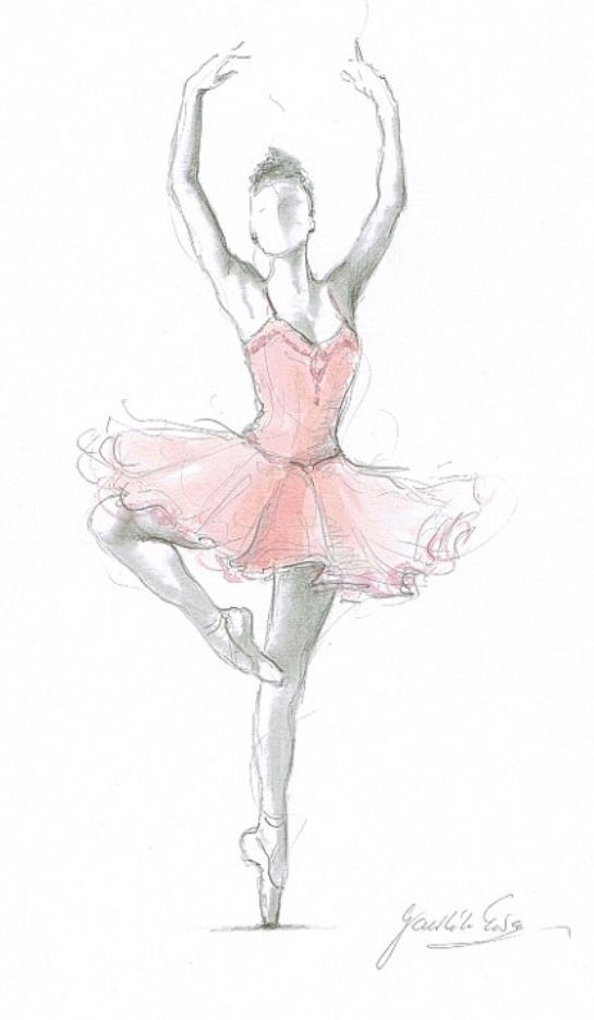 a pencil drawing of a ballerina in pink tutu and leotard with her arms raised