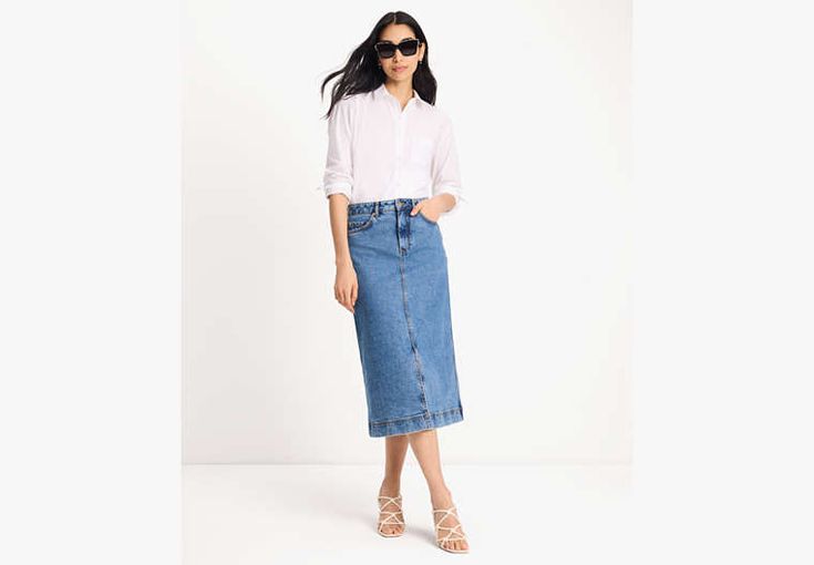 Want to freshen up your casual fits? Swap out your go-to jeans for this chic midi skirt in our Cosmic wash denim. | Kate Spade Denim Midi Skirt, Cosmic Wash - 29 Chic Midi Denim Skirt For Spring, Trendy Midi-length Workwear Bottoms, Trendy Midi-length Bottoms For Work, Modern Midi-length Bottoms For Spring, Modern Midi Length Bottoms For Spring, Chic Denim Midi Skirt For Spring, Trendy Midi Denim Skirt For Spring, Spring Midi Denim Skirt, Dark Wash Denim Skirt For Workwear In Spring