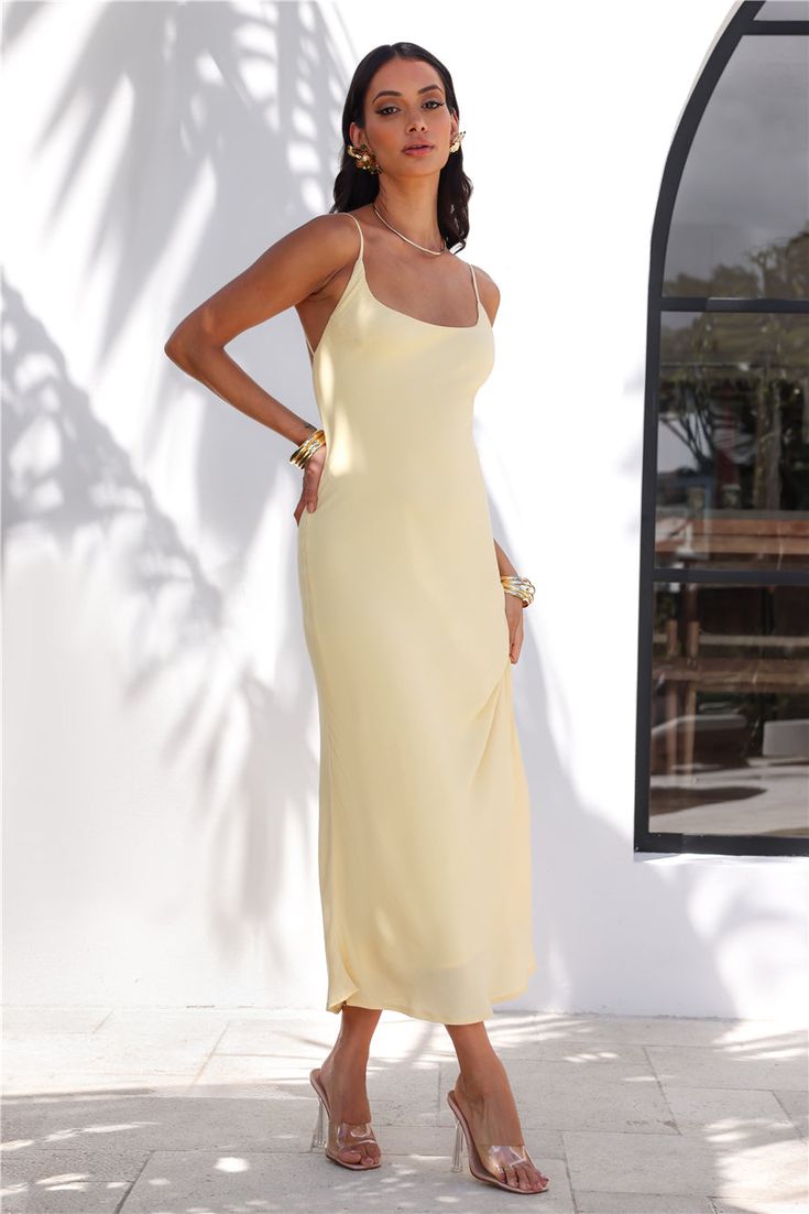 Length from shoulder to hem of size S: 125cm.  Chest: 37cm, Waist: 32cm, size S.  Maxi dress.  Lined.  Model is a standard XS and is wearing size XS.  True to size.  Non-stretch.  Scoop neck.  Open-back.  Zipper.  Cold hand wash only.  Rayon/Cotton.   Bring the chic vibes in the Proud Eyes Maxi Dress. Featuring a scoop neck and a gorgeous open-back design. Style with heels for a party and impress. Chic Vibes, Dress Yellow, The Chic, Yellow Dress, Design Style, Scoop Neck, Maxi Dress, Bring It On, Models