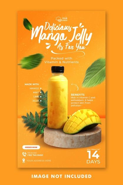 a yellow poster with an image of mangos and leaves on the bottom, in front of orange background