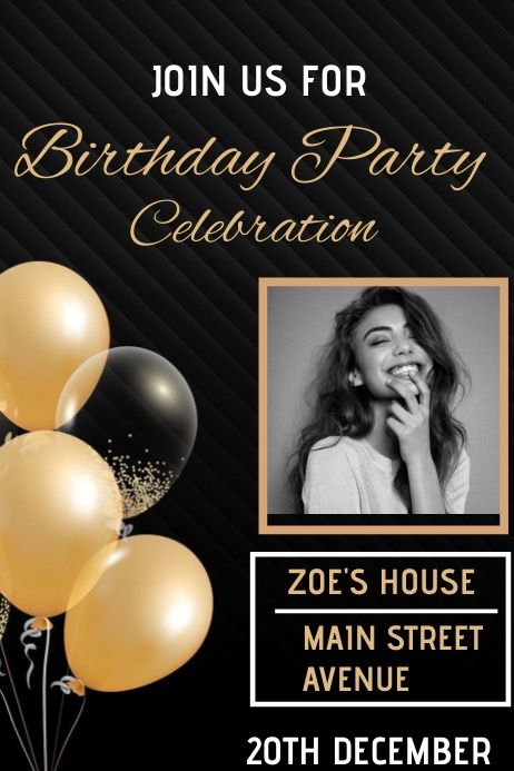 a birthday party flyer with balloons and a woman talking on the phone in front of it