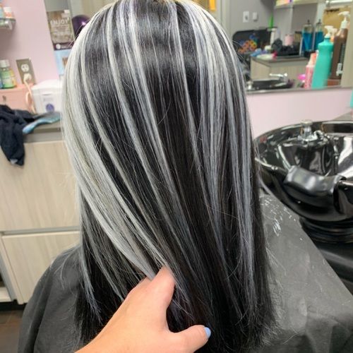 White And Black Highlights, Jet Black Hair With Silver Highlights, Black Hair W Silver Highlights, Hair With Silver Highlights, Black Hair With Silver Front Pieces, Black Hair With Silver Extensions, Black Hair With Silver, Black And Silver Hair Straight, Black And White Hair Ideas