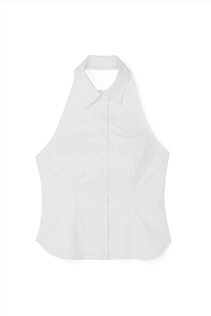 Sleeveless Shirt Top Summer Fitted Backless Top, Fitted Backless Top For Summer, Classic Sleeveless Blouse For Summer, White Fitted Halter Neck Top, Chic Sleeveless Top With Back Button Closure, Fitted Halter Neck Top For Summer, Chic White Halter Sleeveless Top, Spring Sleeveless Tops With Back Button Closure, Sleeveless Tops With Back Button Closure For Spring