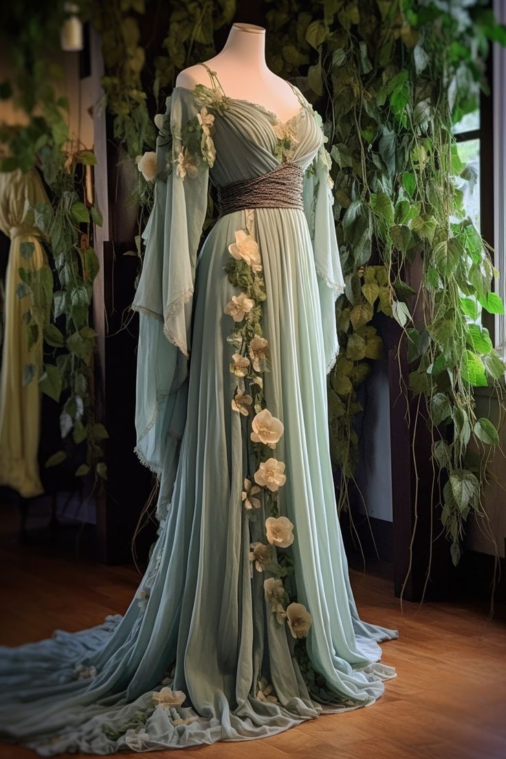 Book Inspired Dresses, Fantasy Spring Dress, Druid Ball Gown, Forest Goddess Dress, Ethereal Fantasy Dress, Lotr Dress Inspired Outfits, Fantasy Gown Aesthetic, Elven Core Outfits, Flowy Fantasy Dresses