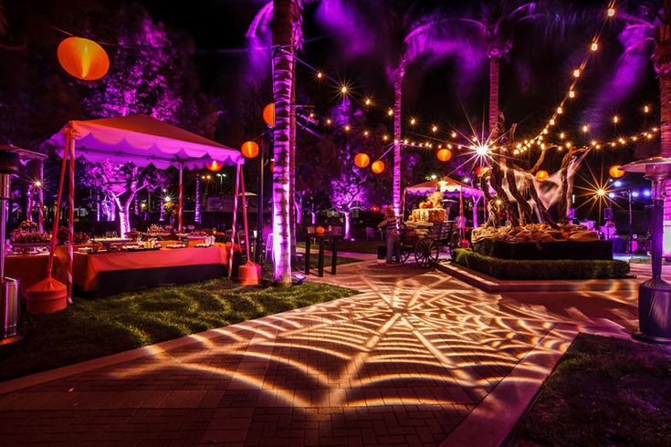 an outdoor event with purple lighting and decorations