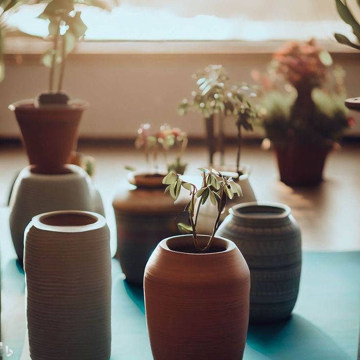 several vases with plants in them sitting on a blue surface next to a window