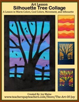 an art lesson for children to learn how to make silhouette tree collages with colored paper