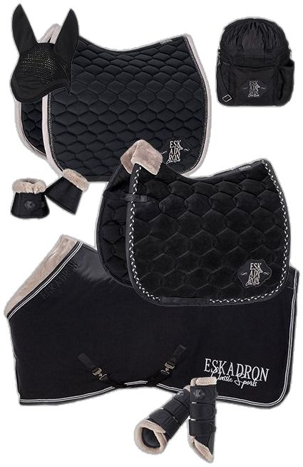 the black horse saddle cover is shown with its matching boots and boot covers on it