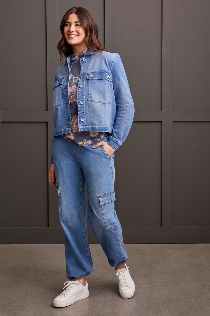 Designed with a casual-cool style, this textured denim jacket offers plenty of freedom with a relaxed fit and stretch-enhanced comfort. The functional patch pockets on the chest provide practicality, while the embroidered details at the border give it a unique finish. Available in Plus Style: 5666O-5132-2129 Denim Shirt Jacket, Denim Jacket With Fur, Denim Jacket Patches, Stretch Denim Fabric, Border Embroidery, Spirit Wear, Embroidered Details, Denim Leggings, Knitwear Cardigan