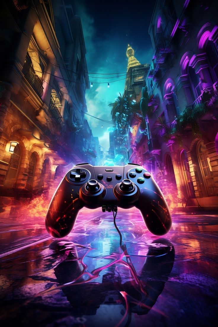 a video game controller in the middle of an alleyway with buildings and neon lights