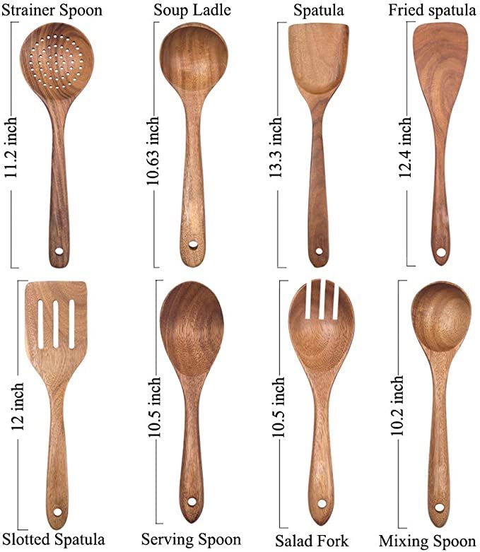 wooden utensils and spoons are shown with measurements