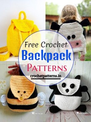 three crochet backpacks with panda and panda faces on them, one is for children