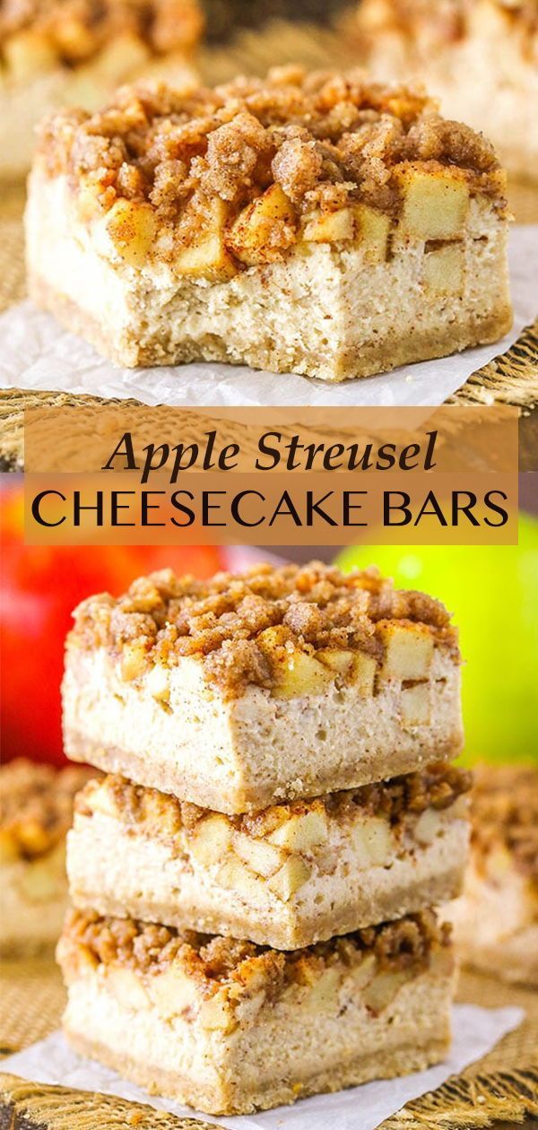 apple streuse cheesecake bars stacked on top of each other