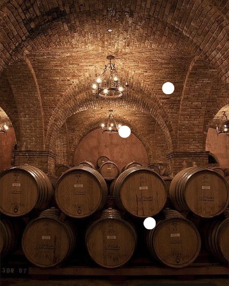 several wine barrels are lined up in an old brick cellar with chandeliers hanging from the ceiling