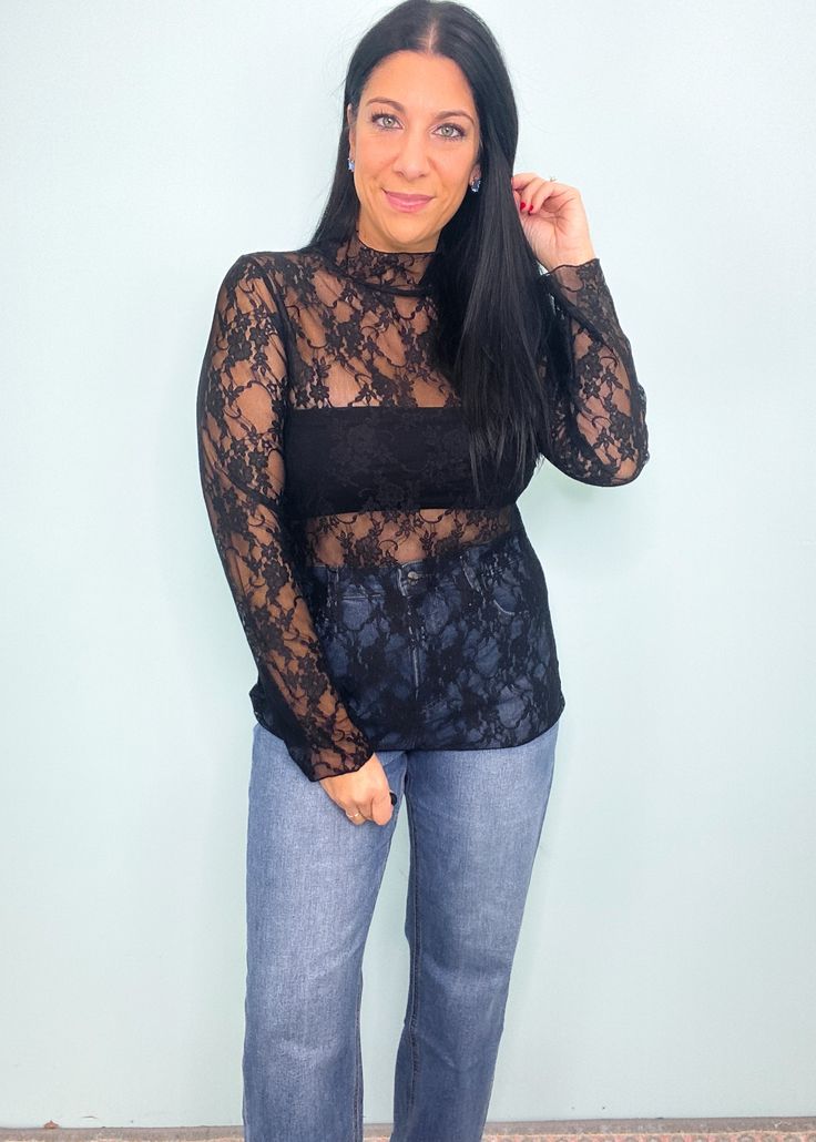 Delicate Love' Black Ruffle Trim Sheer Lace Top-Grab the layering piece of the season! This sheer black lace top can be worn under anything from sweaters, vests and blazers to dresses & jumpsuits! Wear all year! -Cali Moon Boutique, Plainville Connecticut Fitted Lace Mesh Top For Fall, Chic Black Tops With Delicate Lace, Sheer Lace Mesh Top For Fall, Stretch Lace Top For Night Out, Stretch Lace Mesh Top For Party, Spring Fitted Lace Mesh Top, Black Lace Tops For Party, Spring Lace Mesh Top For Layering, Black Lace Party Tops