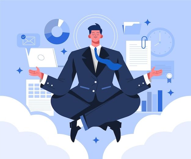 a man in a suit is doing yoga on the clouds with his hands spread out