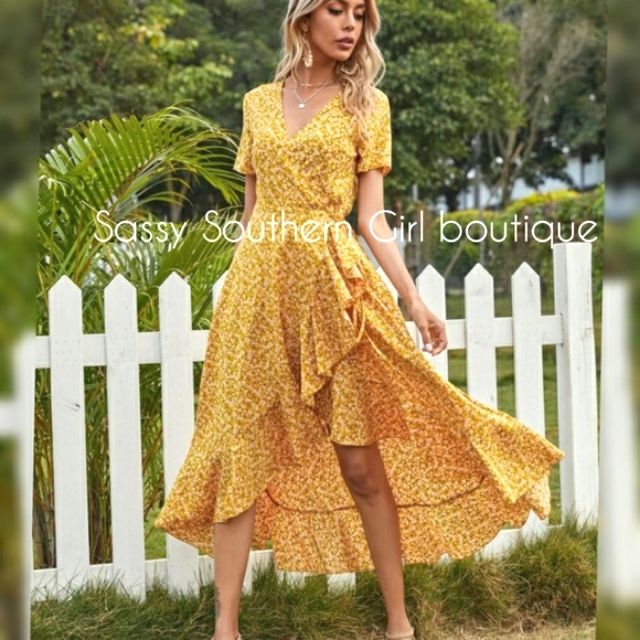 New Yellow Ditsy Floral Ruffle Wrap Maxi Dress. Rayon. Boho Gypsy Western Hippie Coastal Farmhouse French Vintage Renaissance Victorian Beach Lace Shabby Chic Rustic Preppy Tropical Spell Anthropologie Coachella Festival Love And Lemons Free People Faux Fur Closet Details Please Read Low-Ball Offers Blocked Shipping 1-4 Days No Exchange Per Posh Bx61xl Flowy Yellow Sundress With Ruffles, Yellow Floral Dress With Ruffles For Garden Party, Yellow Floral Dress For Spring, Yellow Floral Short Sleeve Dress For Beach, Yellow Short Sleeve Midi Dress Bohemian Style, Yellow Short Sleeve Spring Dresses, Yellow Bohemian Midi Dress With Short Sleeves, Spring Yellow Short Sleeve Dresses, Yellow Short Sleeve Dresses For Spring