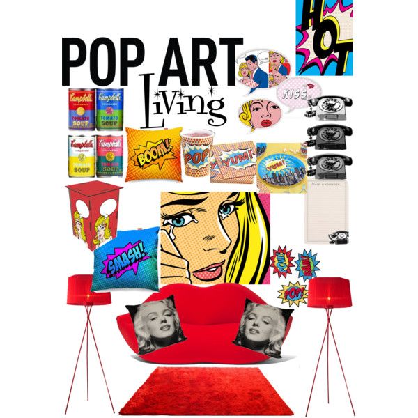 a red chair sitting in front of a wall with pop art on it