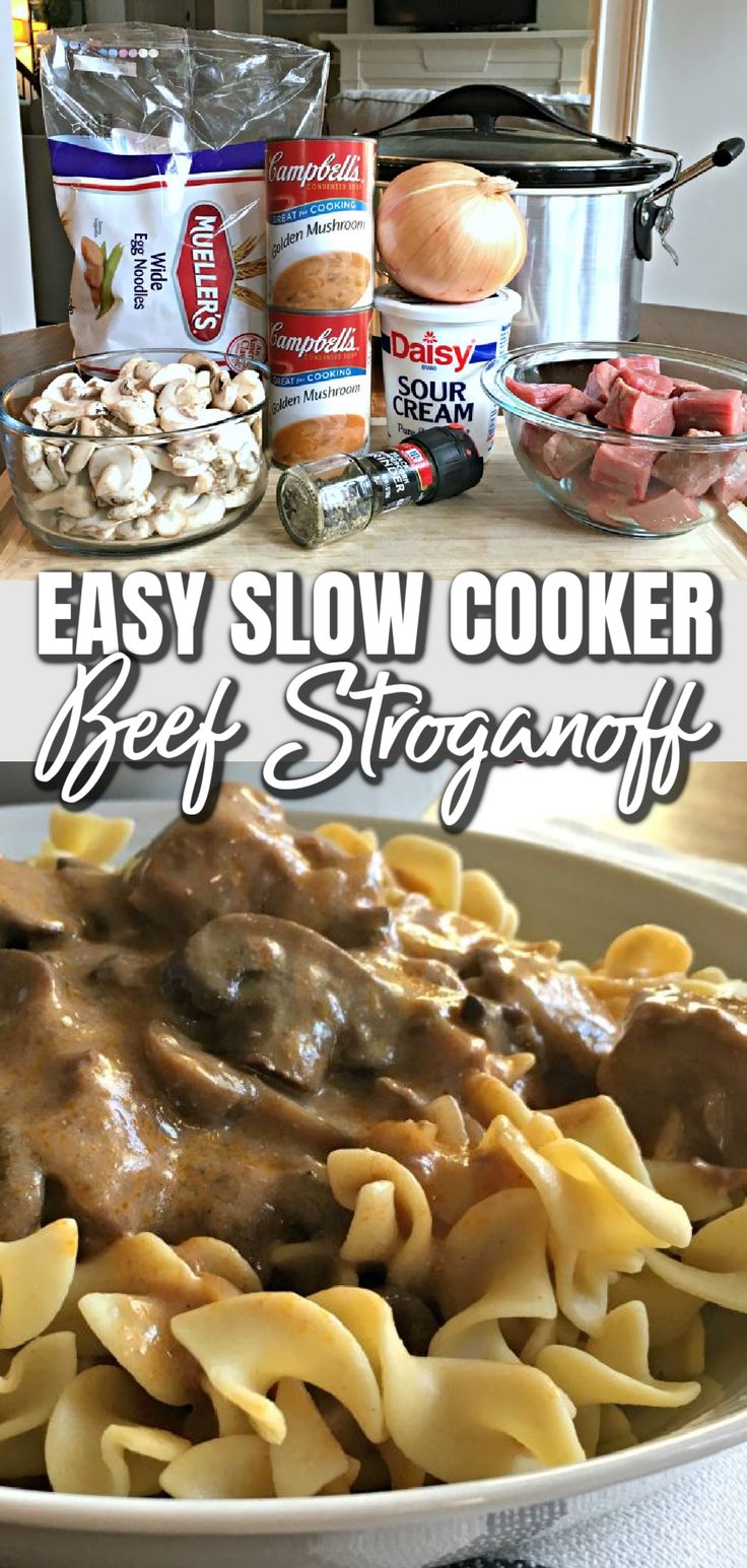 This is a two photo collage. The top photo shows the ingredients to make the beef stroganoff on a cutting board. The bottom photo shows beef stroganoff served over egg noodles in a white bowl. Slow Cooker Creamy Beef Stroganoff, Dump And Go Crockpot Beef Stroganoff, Crockpot Meals From Frozen Meat, Beef Stroganoff Easy Crock Pots, Recipes Using Stew Meat Slow Cooker, Easy Crock Pot Beef Stroganoff, Beef Stroganoff With Golden Mushroom Soup, Slow Cooker Beef Stew Meat Recipes, Easy Beef Stroganoff Recipe