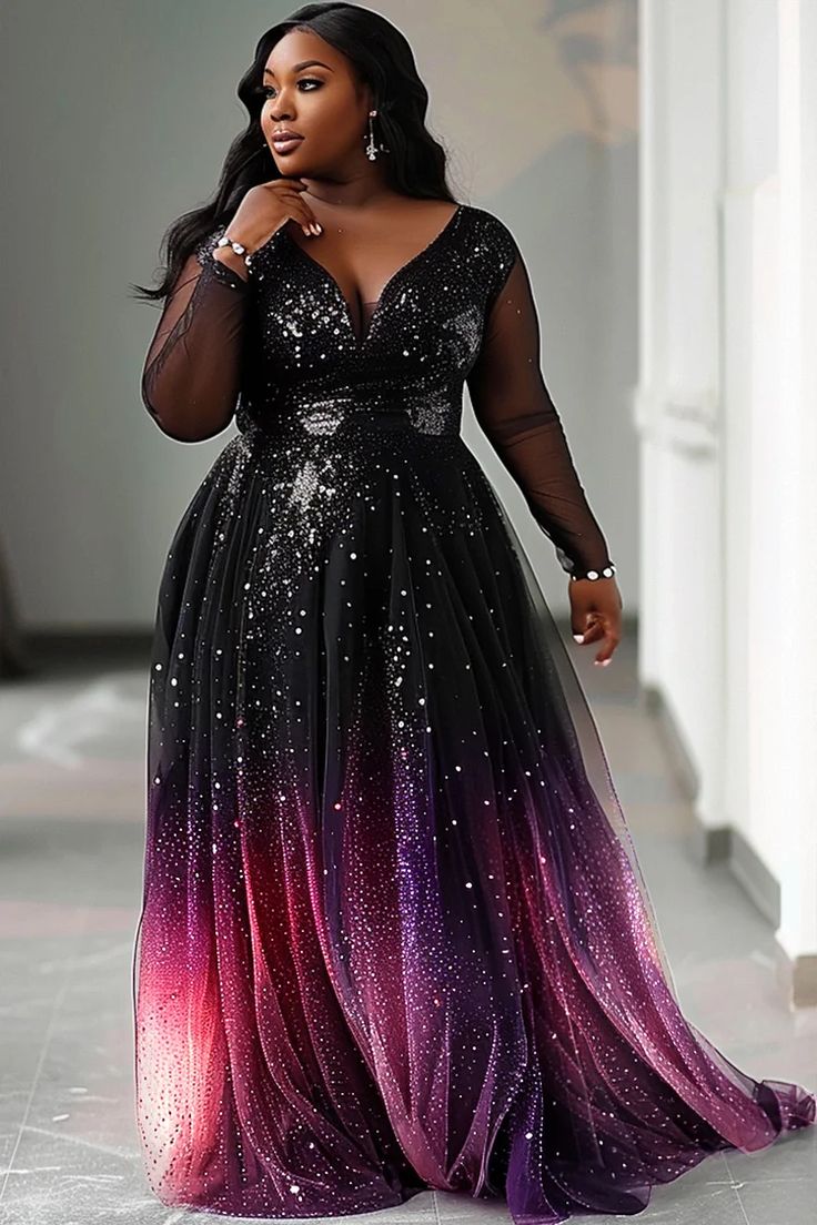 Long Sleeve Winter Evening Dress, Plus Size Prom Dresses With Sleeves, Fall Casual Wedding Guest Attire, Long Black Dress Plus Size, Glitter Dress Outfit, Plus Size Gala Dress, Stunning Wedding Guest Dresses, Goddess Wedding, Plus Size Evening Dress