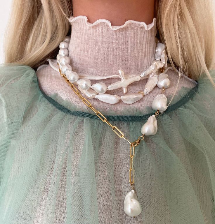 Baroque and Cross Pearl Statement Necklace Eliza Faulkner, Baroque Jewelry, Whimsical Dress, Pearl Statement Necklace, Jewelry Lookbook, Fairy Core, Gold Pearl, Tulle Dress, Grosgrain Ribbon