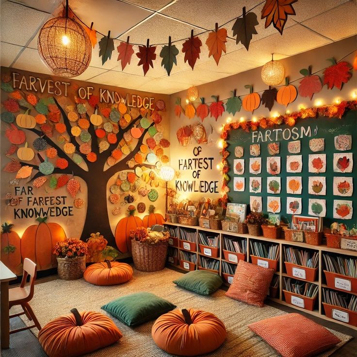 a classroom decorated for fall with pumpkins and decorations