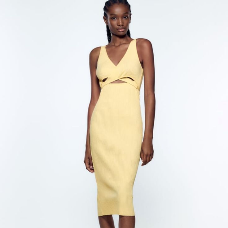 Never Worn With Tags Spring Bodycon Sheath Midi Dress, Spring Sheath Bodycon Midi Dress, Cutout Sundress Midi Dress, Zara Chic Bodycon Maxi Dress, Chic Zara Midi Dress For Brunch, Chic Spring Midi Bodycon Dress, Chic Yellow Midi Dress, Chic Midi Length Bodycon Dress For Spring, Casual Cutout Midi Dress For Date Night