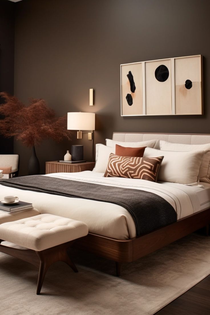 a large bed sitting in a bedroom on top of a wooden floor next to two lamps