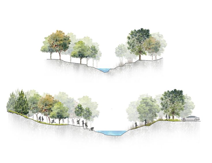 three different views of trees in the shape of a rectangle on a white background