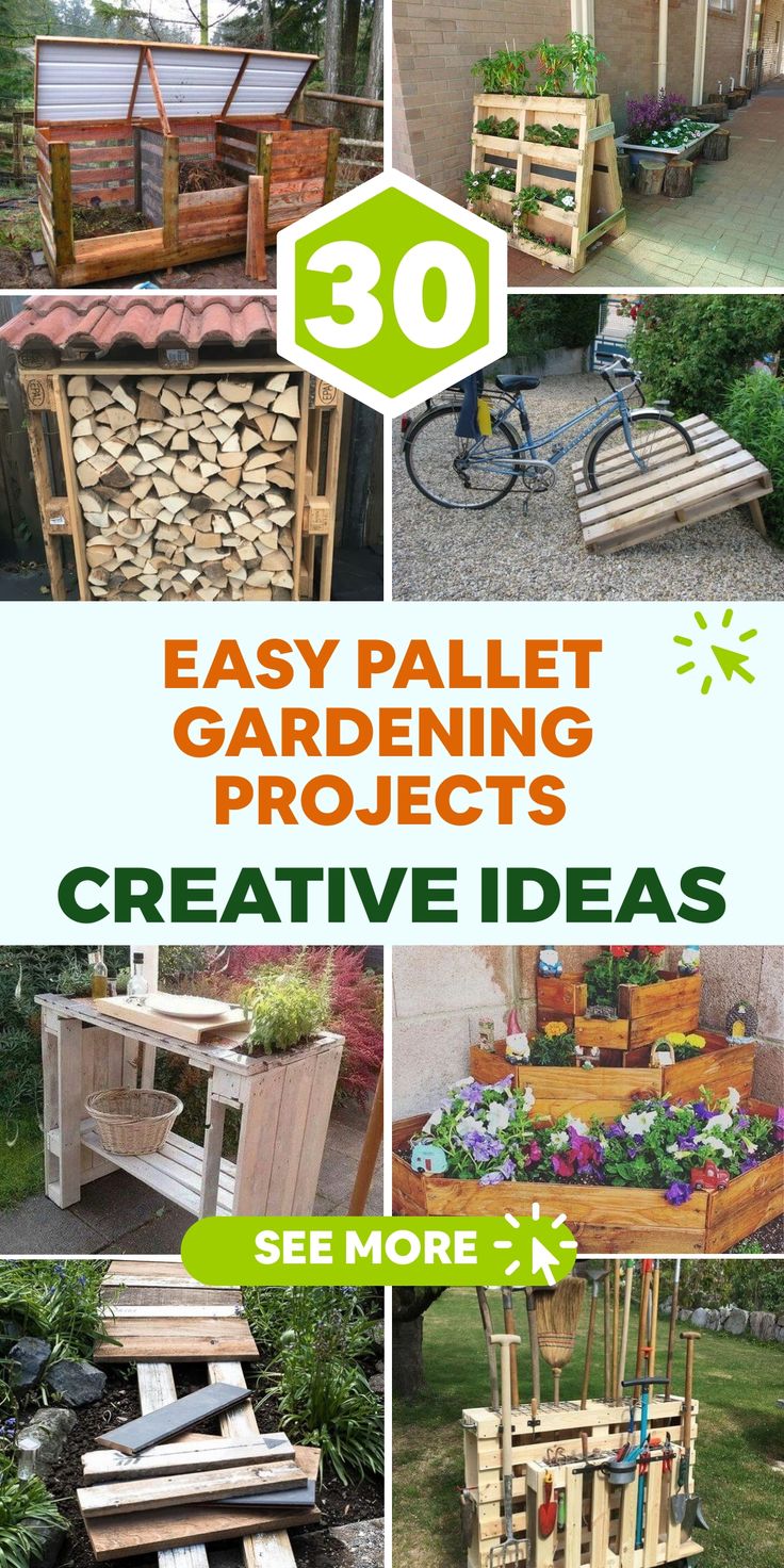 some wooden pallet projects with text overlay that reads 30 easy pallet gardening projects creative ideas