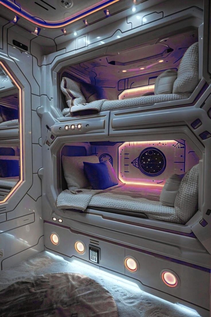 the interior of a futuristic space ship is lit up