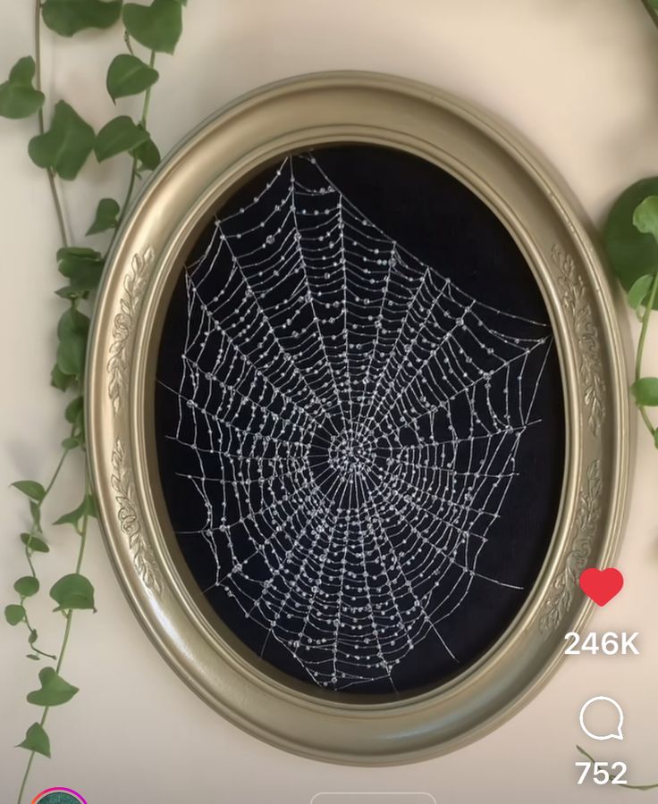 a spider web in a round metal frame