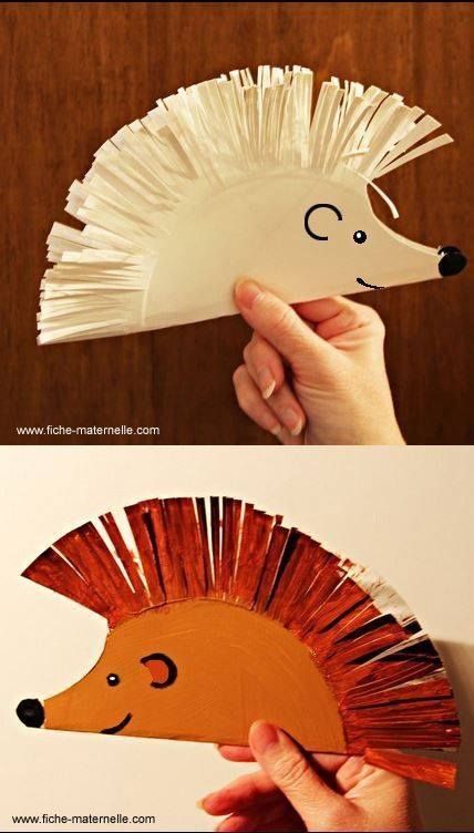 paper plate hedgehog craft for kids to make with the children's hand and fingers