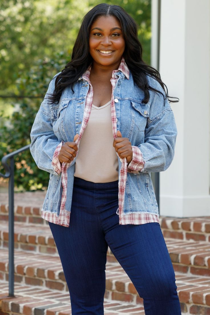 Chic Soul plus size clothing, denim blue jacket with red plaid flannel design Plaid Denim Outerwear With Pockets, Plaid Denim Long Sleeve Outerwear, Plaid Denim Outerwear With Long Sleeves, Plaid Denim Outerwear For Fall, Long-sleeved Plaid Denim Outerwear, Spring Plaid Denim Outerwear, Casual Red Denim Outerwear, Trendy Plaid Outerwear For Spring, Red Plaid Flannel