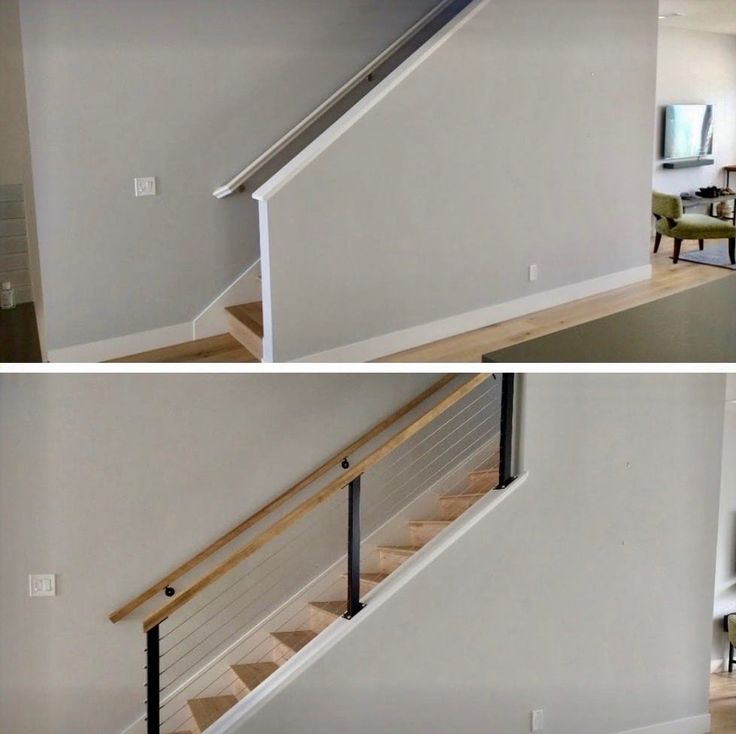 two pictures of the same room with stairs and railings on each side, in different stages of being painted white